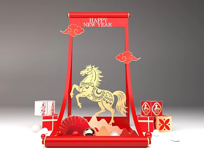 Red New Year Photo Check In Spot With Golden Horse Cloud Decorations And Gift Boxes 3d model