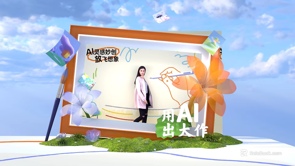 AI Painting Creation Photo Spot With Flowers Paintbrush And Creative Imagination 3d model 