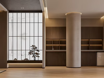 Minimalist Modern Bar Counter Interior With Wooden Shelves Cylindrical Column Large Window And Pine Tree 3d model