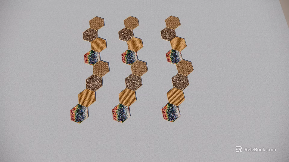 Three Sets of Colorful Hexagonal Garden Ornaments Vertically Arranged with Bases 3d model 