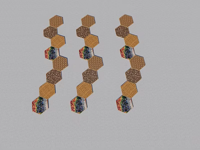 Three Sets of Colorful Hexagonal Garden Ornaments Vertically Arranged with Bases 3d model