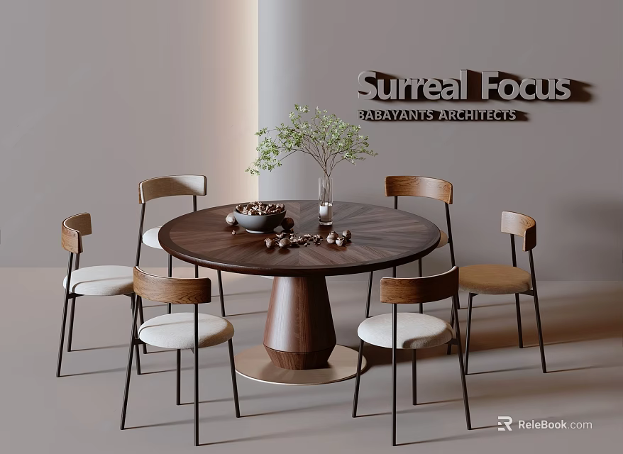 Modern Round Wooden Dining Table Set with Light Cushioned Chairs and Green Plant Decor 3d model 