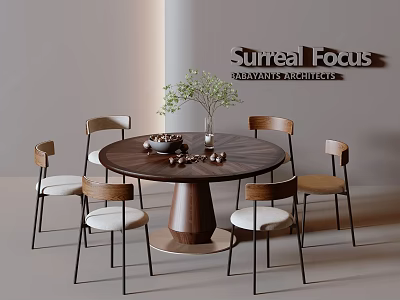 Modern Round Wooden Dining Table Set with Light Cushioned Chairs and Green Plant Decor 3d model