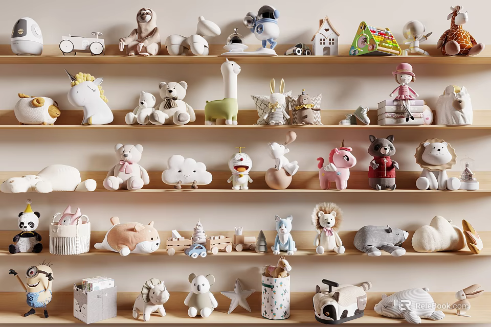 Cute Plush Toys Display On Shelves With Varied Styles 3d model 