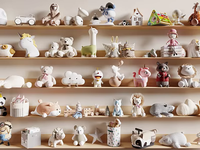Cute Plush Toys Display On Shelves With Varied Styles 3d model