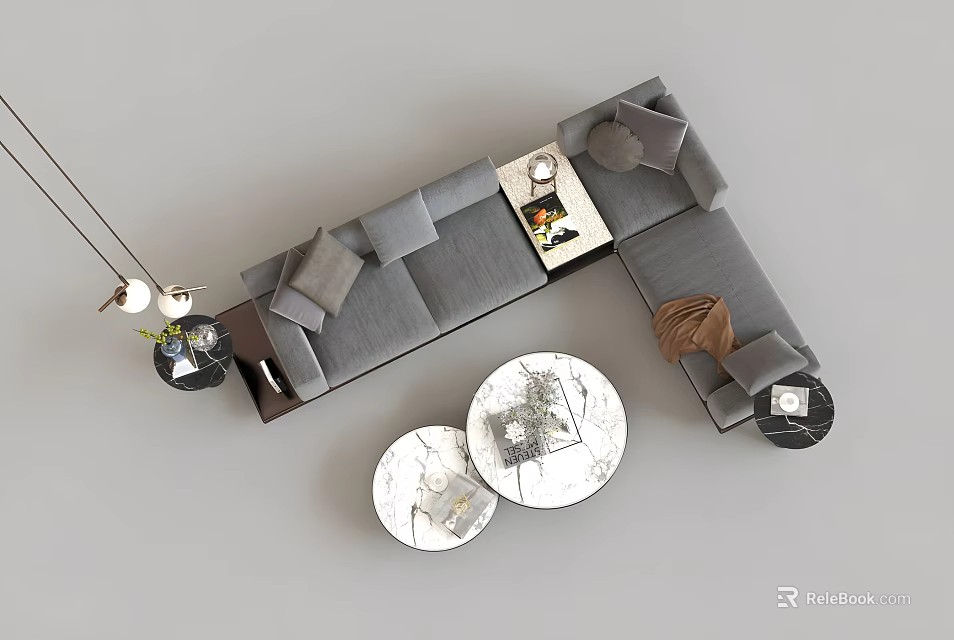 Stylish Gray L Shaped Sofa With Cushions And Round Marble Coffee Tables Set 3d model 