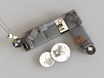 Stylish Gray L Shaped Sofa With Cushions And Round Marble Coffee Tables Set 3d model