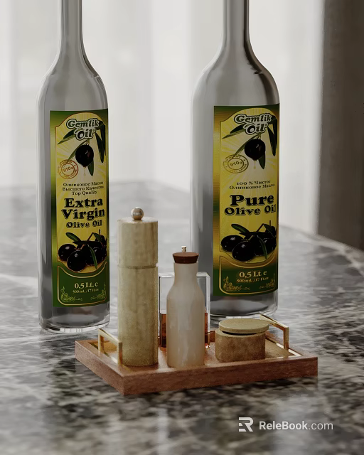 Elegant Kitchen Counter Featuring Olive Oil Bottles Wooden Tray Grinder And Marble Top 3d model 