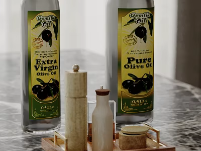 Elegant Kitchen Counter Featuring Olive Oil Bottles Wooden Tray Grinder And Marble Top 3d model