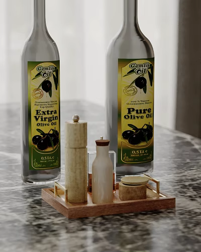 Elegant Kitchen Counter Featuring Olive Oil Bottles Wooden Tray Grinder And Marble Top 3d model