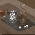 Elegant Whiskey Decanter and Glassware on Silver Tray with Ice Cubes Wooden Background