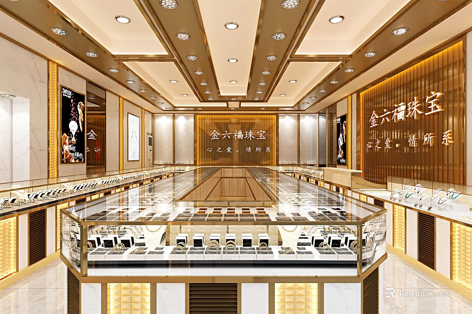 Luxurious Jewelry Store Interior Design With Glass Display Cases And Elegant Lighting 3d model 