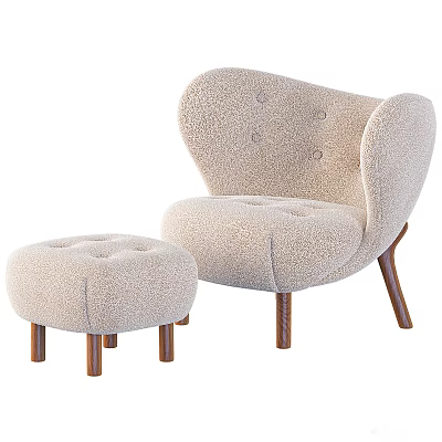 Beige Plush Single Sofa with Tufted Design Curved Armrests and Matching Ottoman Wooden Legs 3d model