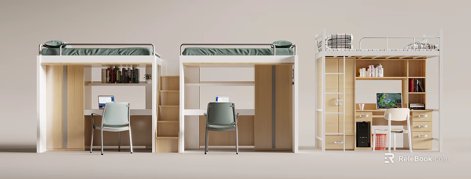 Modern Bunk Bed With Study Desk Wardrobe And Comfortable Chair Setup 3d model
