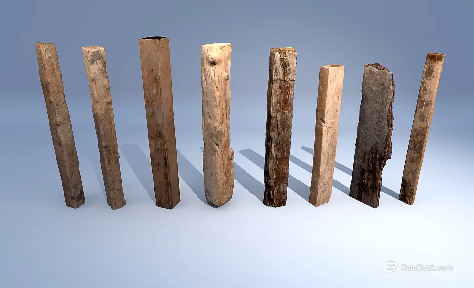 Natural Stone And Wood Posts With Various Shapes And Textures Arranged On Light Background 3d model 