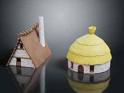 Traditional Small Architectural Models Featuring Round And Triangular Thatched Roofs With Stone Walls 3d model