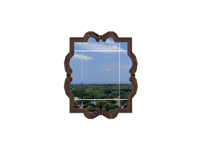Ornate Wooden Framed Mirror Reflecting Blue Sky White Clouds and Green Trees 3d model