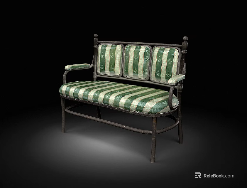 Vintage Three Seater Sofa With Green White Striped Upholstery And Metal Frame 3d model 