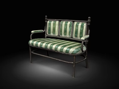 Vintage Three Seater Sofa With Green White Striped Upholstery And Metal Frame 3d model