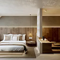 Modern Hotel Guest Room Interior With Wooden Wall Bed And Decorative Lighting