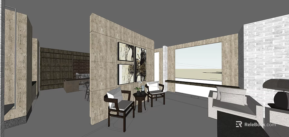 Modern Office Interior With Wooden Wall Panels Decorative Paintings Comfortable Chairs And Large Window 3d model 
