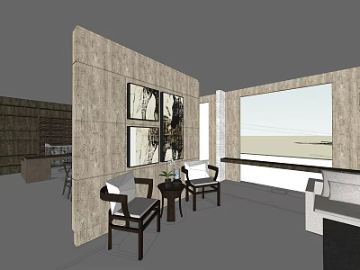 Modern Office Interior With Wooden Wall Panels Decorative Paintings Comfortable Chairs And Large Window 3d model