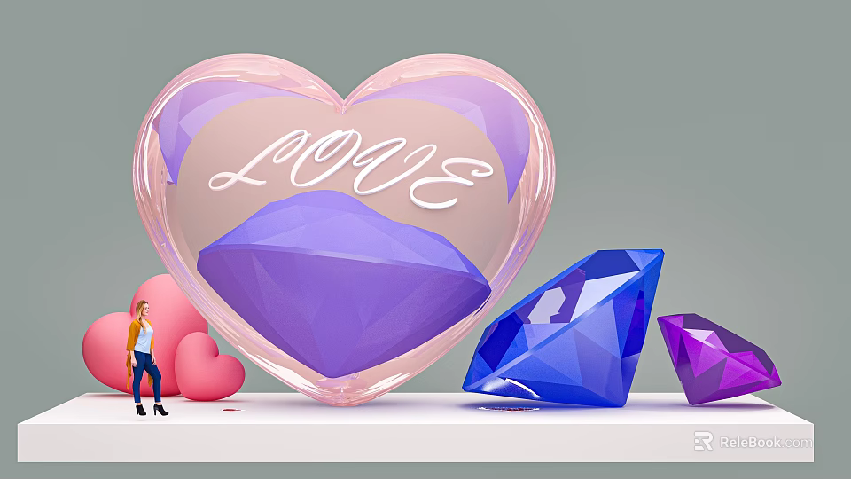 Transparent Pink Heart Photo Spot With Purple Blue Diamonds And LOVE Lettering 3d model 