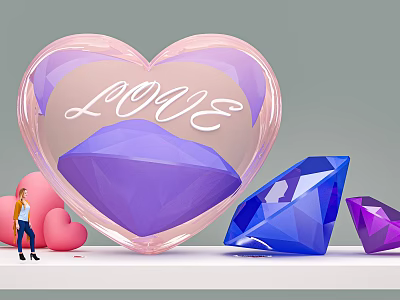 Transparent Pink Heart Photo Spot With Purple Blue Diamonds And LOVE Lettering 3d model
