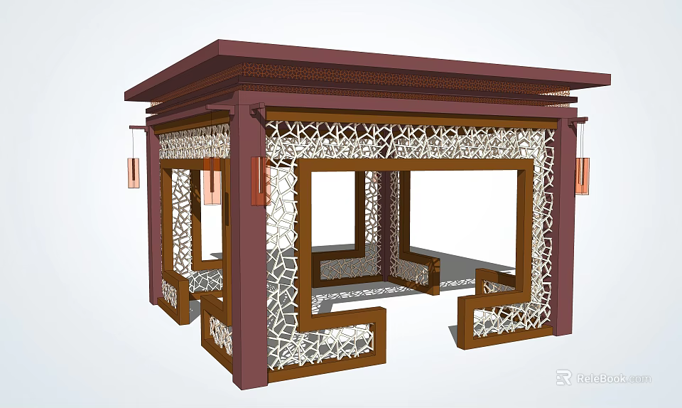 Traditional Chinese Style Pavilion Featuring Carved Wooden Structure Lattice Windows And Hanging Lanterns 3d model 