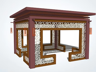 Traditional Chinese Style Pavilion Featuring Carved Wooden Structure Lattice Windows And Hanging Lanterns 3d model