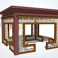 Traditional Chinese Style Pavilion Featuring Carved Wooden Structure Lattice Windows And Hanging Lanterns