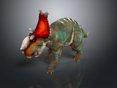 Colorful Ceratopsian Dinosaur With Red Crested Horns Green Body White Stripes And Open Mouth 3d model