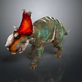 Colorful Ceratopsian Dinosaur With Red Crested Horns Green Body White Stripes And Open Mouth
