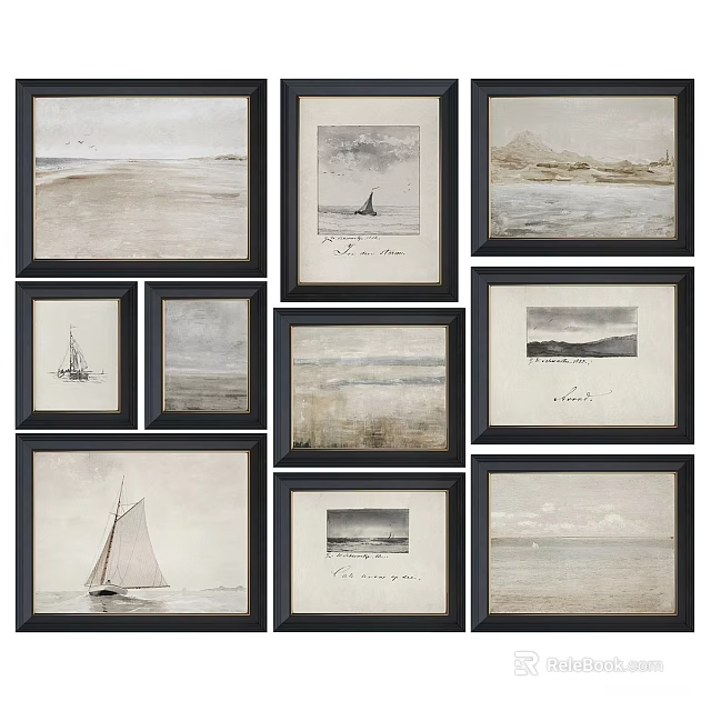 Framed Abstract Paintings With Coastal Scenes Sailboats And Neutral Tones Wall Art 3d model 