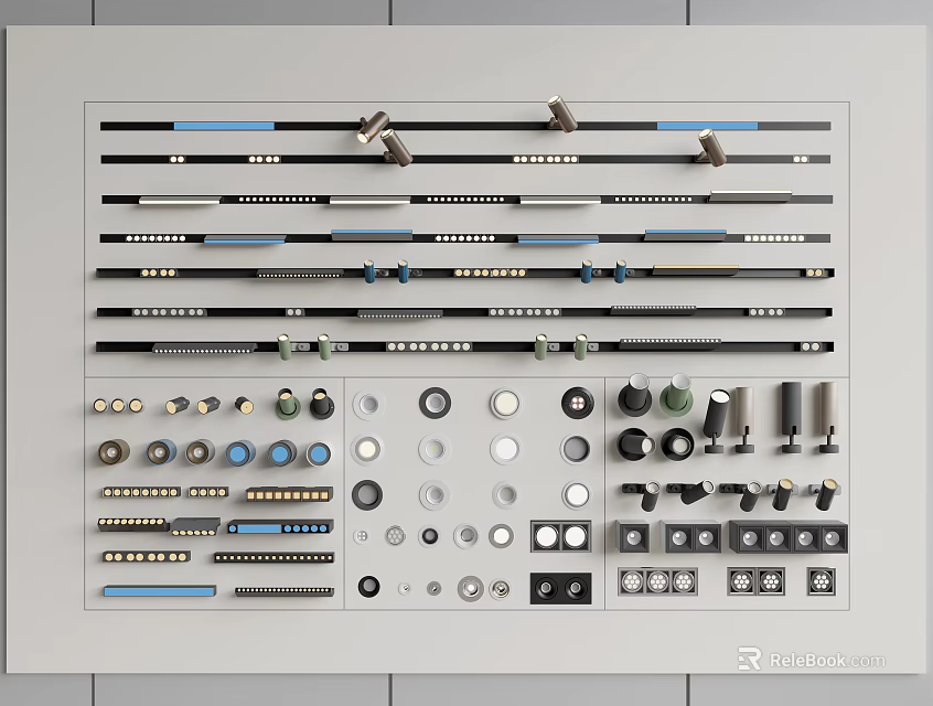 Versatile Lighting Fixture Set With Various Components Different Shapes Sizes And Organized Arrangement 3d model 