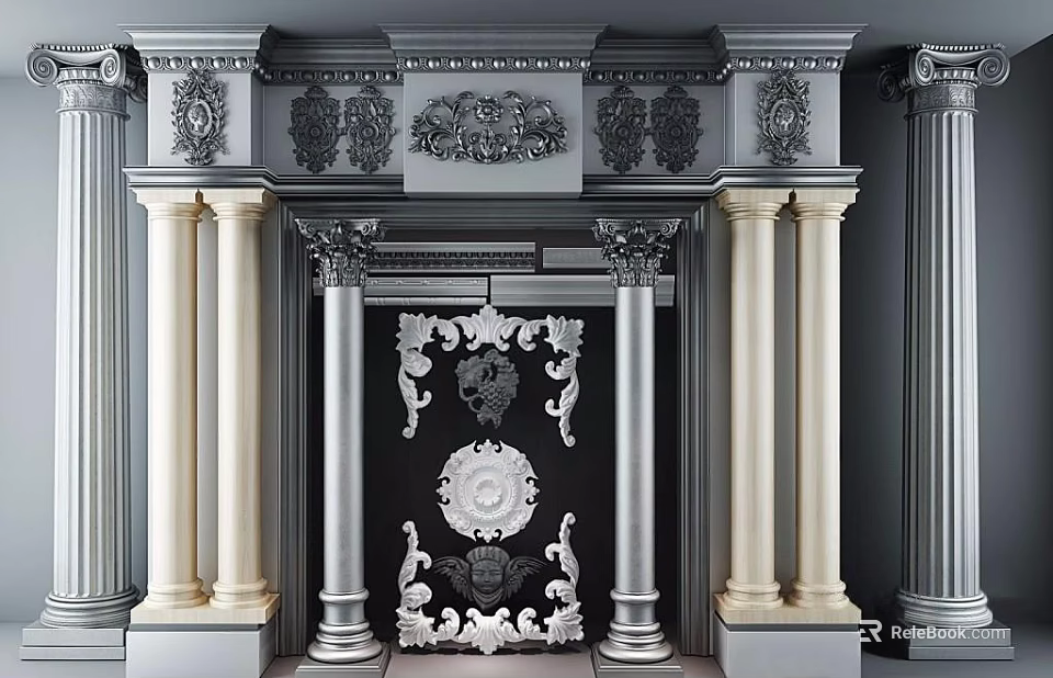 Elegant Classical Roman Columns Framing Ornate Doorway With Intricate Carvings 3d model 