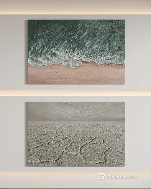 Artwork Display With Green Wave Beach And Dry Cracked Earth Canvas 3d model 