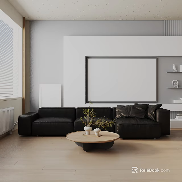 Black Three Seater Sofa in Living Room with Round Coffee Table White Vases and Green Plants 3d model 