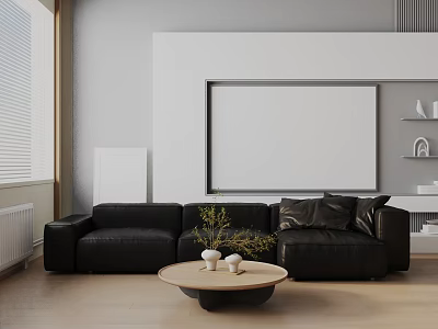 Black Three Seater Sofa in Living Room with Round Coffee Table White Vases and Green Plants 3d model