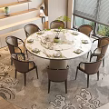 Elegant Round Dining Table Set With Marble Top Six Chairs And Plant On Patterned Rug 3d model