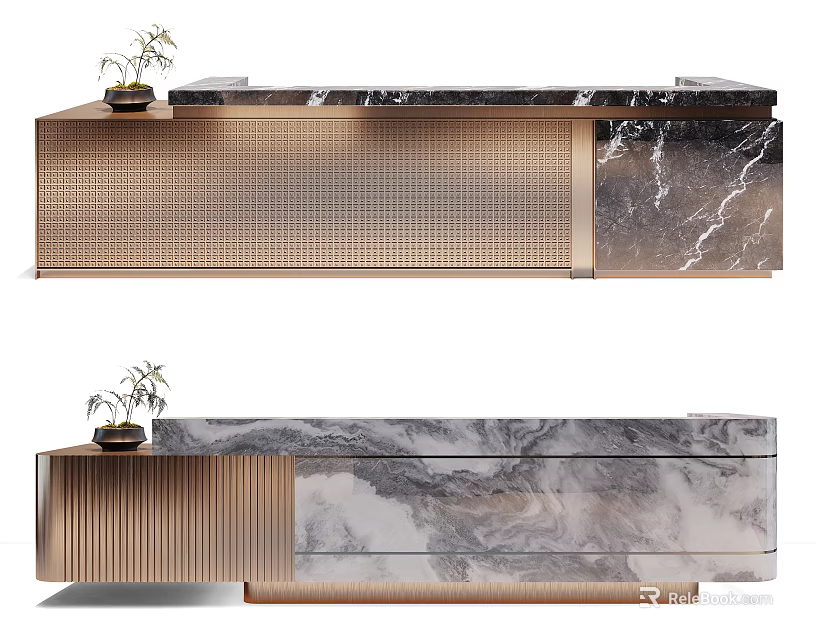 Elegant Modern Reception Desk With Marble Countertop And Vertical Slat Cabinetry 3d model 