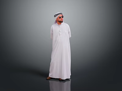 Middle Eastern Man In Traditional White Robe And Headscarf Standing On Gray Background 3d model