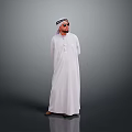 Middle Eastern Man In Traditional White Robe And Headscarf Standing On Gray Background