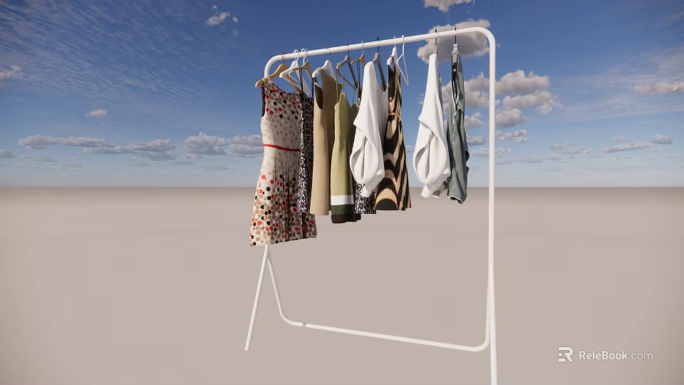 White Clothes Rack Hanging Various Garments Against Blue Sky With Clouds 3d model