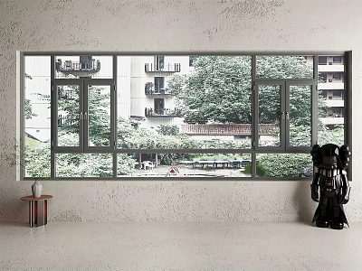 Room Interior With Large Window Building Trees View Small Table And Black Decor 3d model