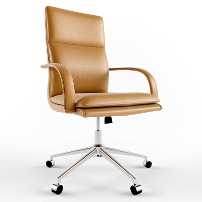 Modern Tan Leather Office Chair With Armrests Metal Base And Wheels 3d model