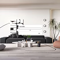 Modern Living Room Interior With Black Sofa Round Coffee Table And Brown Bean Bag Chair