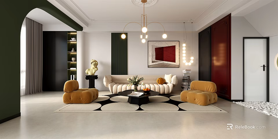 Modern Living Dining Area Interior With Cozy Sofa Armchairs And Geometric Rug 3d model 
