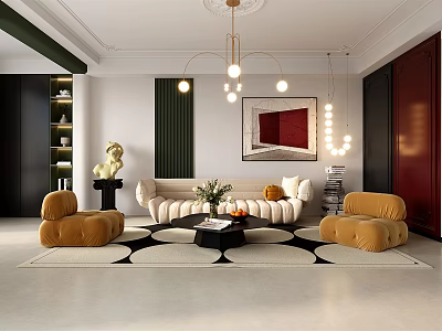 Modern Living Dining Area Interior With Cozy Sofa Armchairs And Geometric Rug 3d model