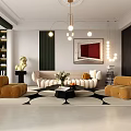 Modern Living Dining Area Interior With Cozy Sofa Armchairs And Geometric Rug
